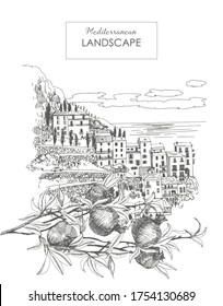 Summer holiday. Summer holiday card. Illustration  of mediterranean landscape and pomegranate branch in the foreground. 