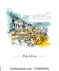 Summer holiday card. Illustration  of mediterranean landscape. Sketch and watercolor