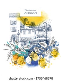 Summer holiday card. Illustration  of mediterranean landscape and lemon branch in the foreground. Sketch and watercolor