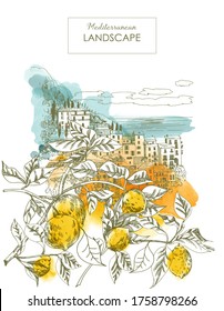 Summer holiday card. Illustration  of mediterranean landscape and lemon branch in the foreground. Sketch and watercolor