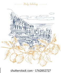 Summer holiday card. Illustration  of mediterranean landscape and lemon branch in the foreground. Hand drawn sketch. 