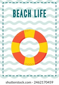 Summer holiday card with inscription beach life on a striped background.	