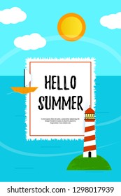 Summer holiday card with sea, boat, lighthouse, sun and clouds. Vector illustration in flat style with modern typography.