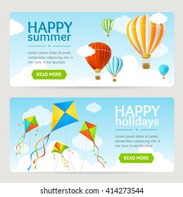 Summer Holiday Card Set with Kite and Balloon. Horizontal. Vector illustration