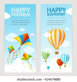 Summer Holiday Card Set with Kite and Balloon. Vertical. Vector illustration