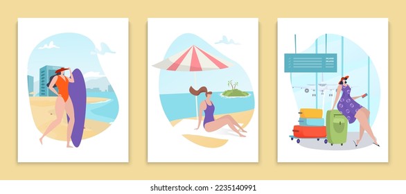 Summer holiday card set, vector illustration, flat people girl character at tropical beach travel, hold surfing board, happy woman sunbathe near sea.