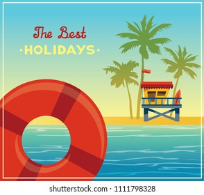 Summer holiday card. Vector nature landscape with lifeguard station, palm tree, blue sea and red lifebuoy.