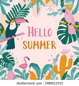 Summer holiday cards with toucans, flamingos, parrot, cactuses, exotic leaves in trendy style. Vector illustration