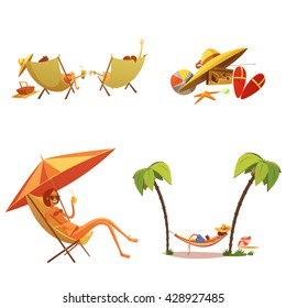 Summer holiday cartoon icons set with chaise lounge and palms isolated vector illustration 