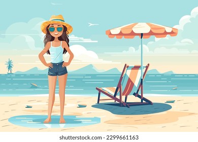Summer Holiday With Cartoon Kids. Beach Vector Illustration.