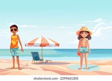 Summer Holiday With Cartoon Kids. Beach Vector Illustration.