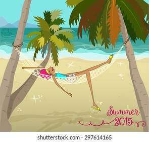 Summer Holiday Cartoon - Redhead woman relaxing in hammock on a sandy beach, with palm trees and waves splashing the shore. Hand drawn illustration