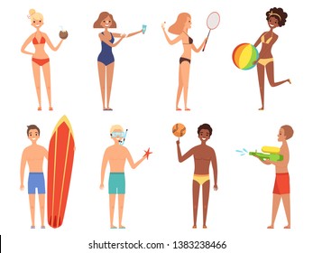 Summer holiday characters. Woman in bikini have a rest on the beach girls in swimsuit playing vector cartoon people