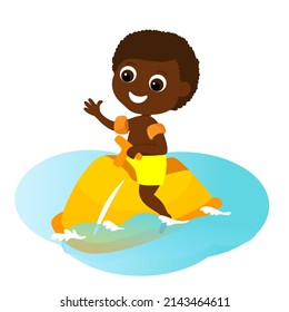 Summer holiday child cartoon style.The boy sits on a water scooter and floats on the water.  Vector illustration isolated on white background. Mood of happiness and joy.