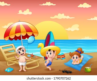 Summer holiday with children having fun at the beach