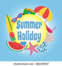 Summer holiday. Circle banner design with colorful beach elements on blue background.