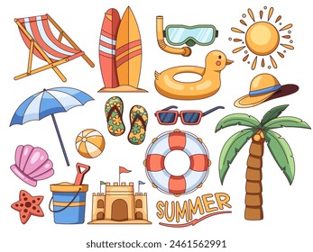 Summer holiday clip art illustration featuring beach elements. From a fold beach chair, surfboard, diving glasses, sunglasses, pool floaties, beach umbrella, coconut tree, etc