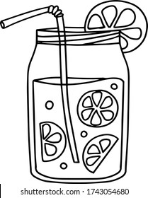 summer holiday cocktail, 
fruit juice line vector illustraion hand-drawn doodles isolated fo white background