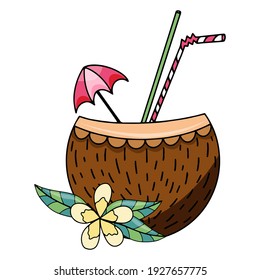 Summer holiday coconut coctail smoothie hand drawn vector illustration isolated on white backgraund