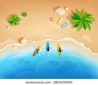 Summer holiday, coconut trees and boat, banner design on sand beach top view background, Eps 10 vector illustration