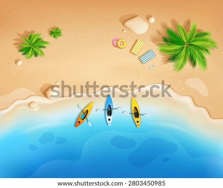 Summer holiday, coconut trees and boat, banner design on sand beach top view background, Eps 10 vector illustration
