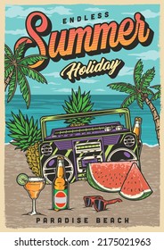 Summer holiday colorful flyer vintage paradise beach with music center for disco near fruits and alcohol on seashore vector illustration