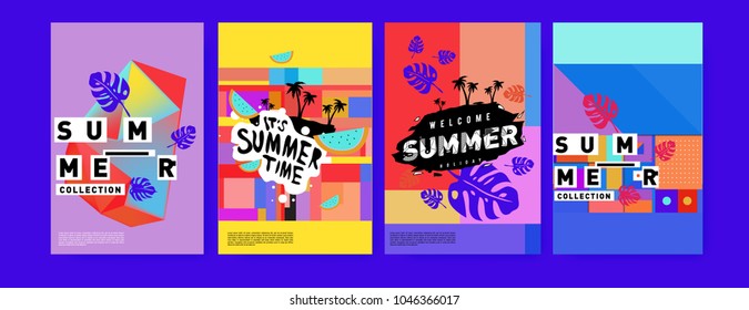 Summer holiday colorful poster set. Fashion and travel discount. Vector holiday Abstract colorful illustration with tropical and abstract elements.