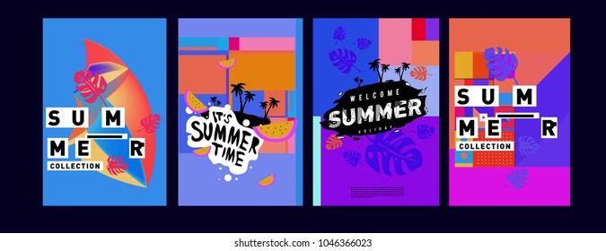 Summer holiday colorful poster set. Fashion and travel discount. Vector holiday Abstract colorful illustration with tropical and abstract elements.