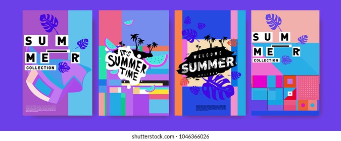 Summer holiday colorful poster set. Fashion and travel discount. Vector holiday Abstract colorful illustration with tropical and abstract elements.