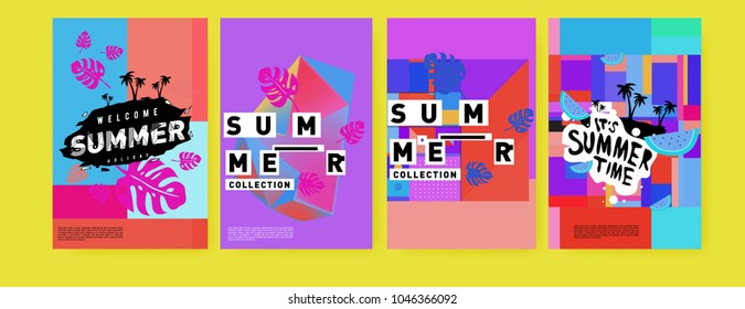 Summer holiday colorful poster set. Fashion and travel discount. Vector holiday Abstract colorful illustration with tropical and abstract elements.