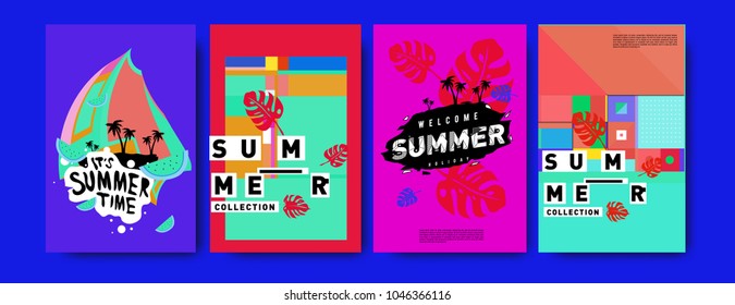 Summer holiday colorful poster set. Fashion and travel discount. Vector holiday Abstract colorful illustration with tropical and abstract elements.