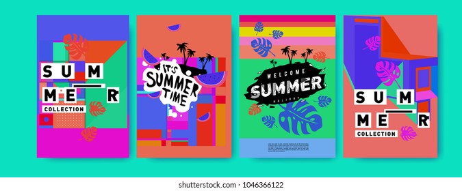 Summer holiday colorful poster set. Fashion and travel discount. Vector holiday Abstract colorful illustration with tropical and abstract elements.