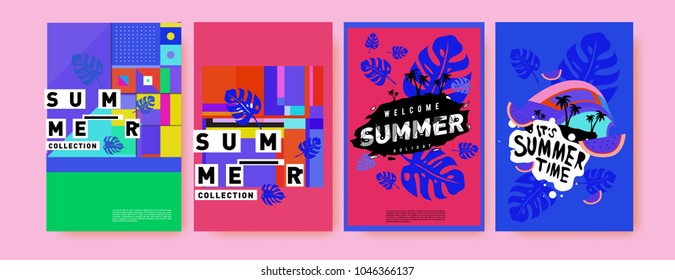 Summer holiday colorful poster set. Fashion and travel discount. Vector holiday Abstract colorful illustration with tropical and abstract elements.