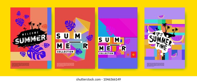 Summer holiday colorful poster set. Fashion and travel discount. Vector holiday Abstract colorful illustration with tropical and abstract elements.