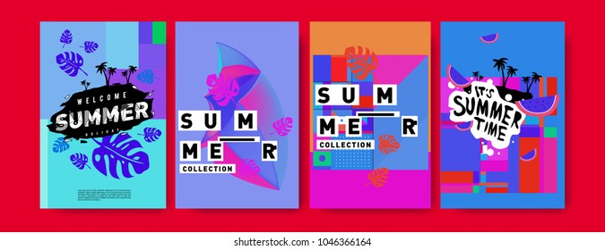 Summer holiday colorful poster set. Fashion and travel discount. Vector holiday Abstract colorful illustration with tropical and abstract elements.