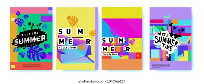Summer holiday colorful poster set. Fashion and travel discount. Vector holiday Abstract colorful illustration with tropical and abstract elements.