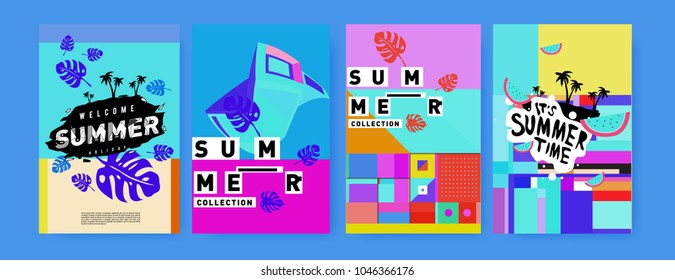 Summer holiday colorful poster set. Fashion and travel discount. Vector holiday Abstract colorful illustration with tropical and abstract elements.