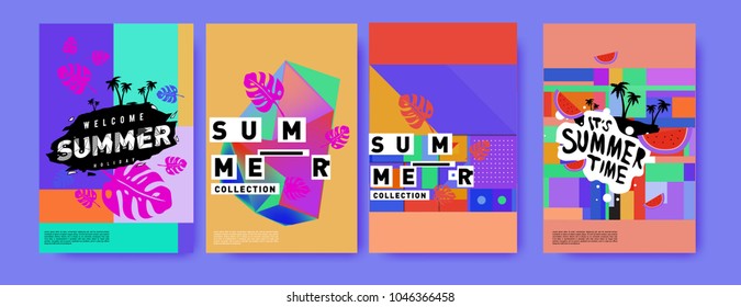 Summer holiday colorful poster set. Fashion and travel discount. Vector holiday Abstract colorful illustration with tropical and abstract elements.