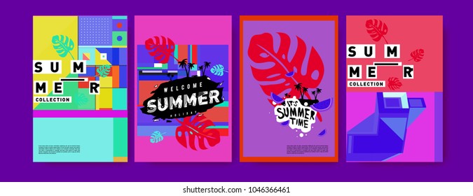 Summer holiday colorful poster set. Fashion and travel discount. Vector holiday Abstract colorful illustration with tropical and abstract elements.
