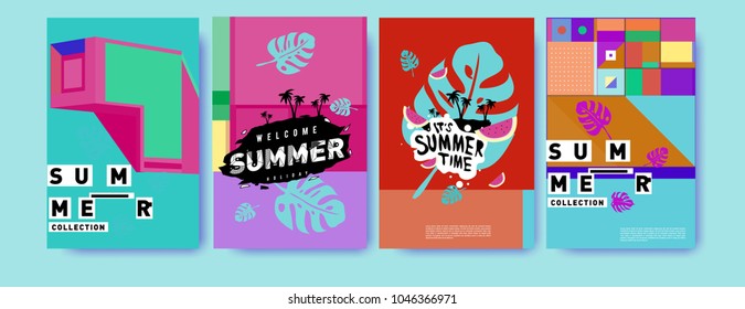 Summer holiday colorful poster set. Fashion and travel discount. Vector holiday Abstract colorful illustration with tropical and abstract elements.
