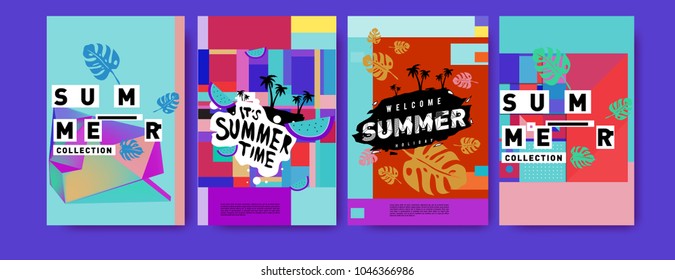 Summer holiday colorful poster set. Fashion and travel discount. Vector holiday Abstract colorful illustration with tropical and abstract elements.
