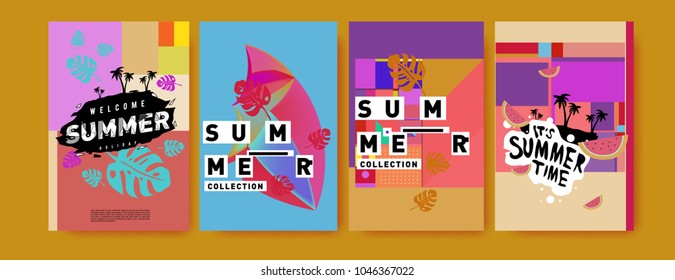 Summer holiday colorful poster set. Fashion and travel discount. Vector holiday Abstract colorful illustration with tropical and abstract elements.

