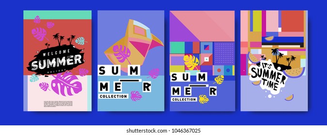 Summer holiday colorful poster set. Fashion and travel discount. Vector holiday Abstract colorful illustration with tropical and abstract elements.
