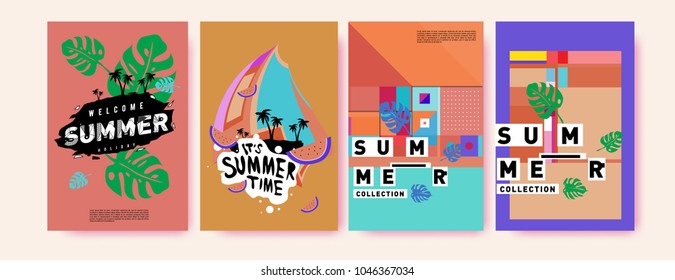 Summer holiday colorful poster set. Fashion and travel discount. Vector holiday Abstract colorful illustration with tropical and abstract elements.
