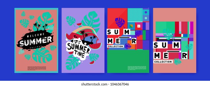 Summer holiday colorful poster set. Fashion and travel discount. Vector holiday Abstract colorful illustration with tropical and abstract elements.
