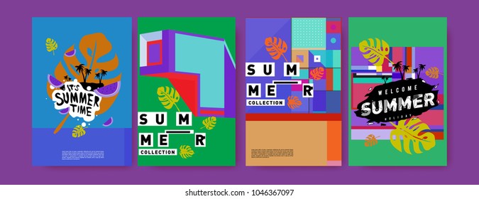 Summer holiday colorful poster set. Fashion and travel discount. Vector holiday Abstract colorful illustration with tropical and abstract elements.
