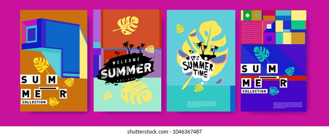 Summer holiday colorful poster set. Fashion and travel discount. Vector holiday Abstract colorful illustration with tropical and abstract elements.
