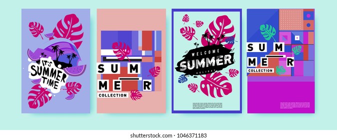 Summer holiday colorful poster set. Fashion and travel discount. Vector holiday Abstract colorful illustration with tropical and abstract elements.
