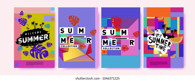 Summer holiday colorful poster set. Fashion and travel discount. Vector holiday Abstract colorful illustration with tropical and abstract elements.
