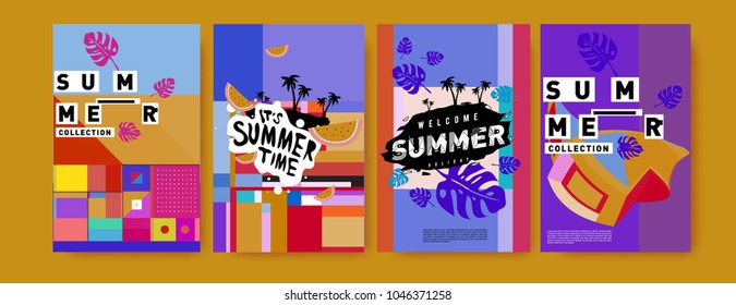 Summer holiday colorful poster set. Fashion and travel discount. Vector holiday Abstract colorful illustration with tropical and abstract elements.